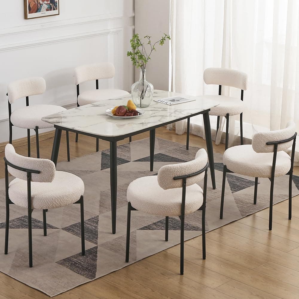 EDWELL White Dining Chairs Set of 6, Modern Dining Room Chairs with 3.94“ Cushions Mid-Century, Round Upholstered Boucle Chairs for Kitchen, Living Room, Kitchen Chairs with Black Metal Legs