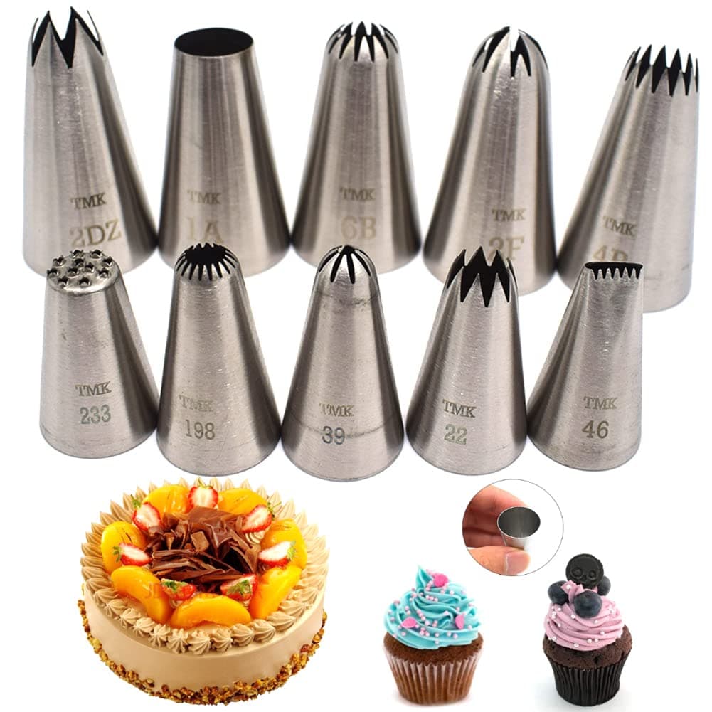 Tumenque 10 Pack Stainless Steel seamless Piping Icing tips, Large Piping Nozzle, Cake Decorating tools for baker