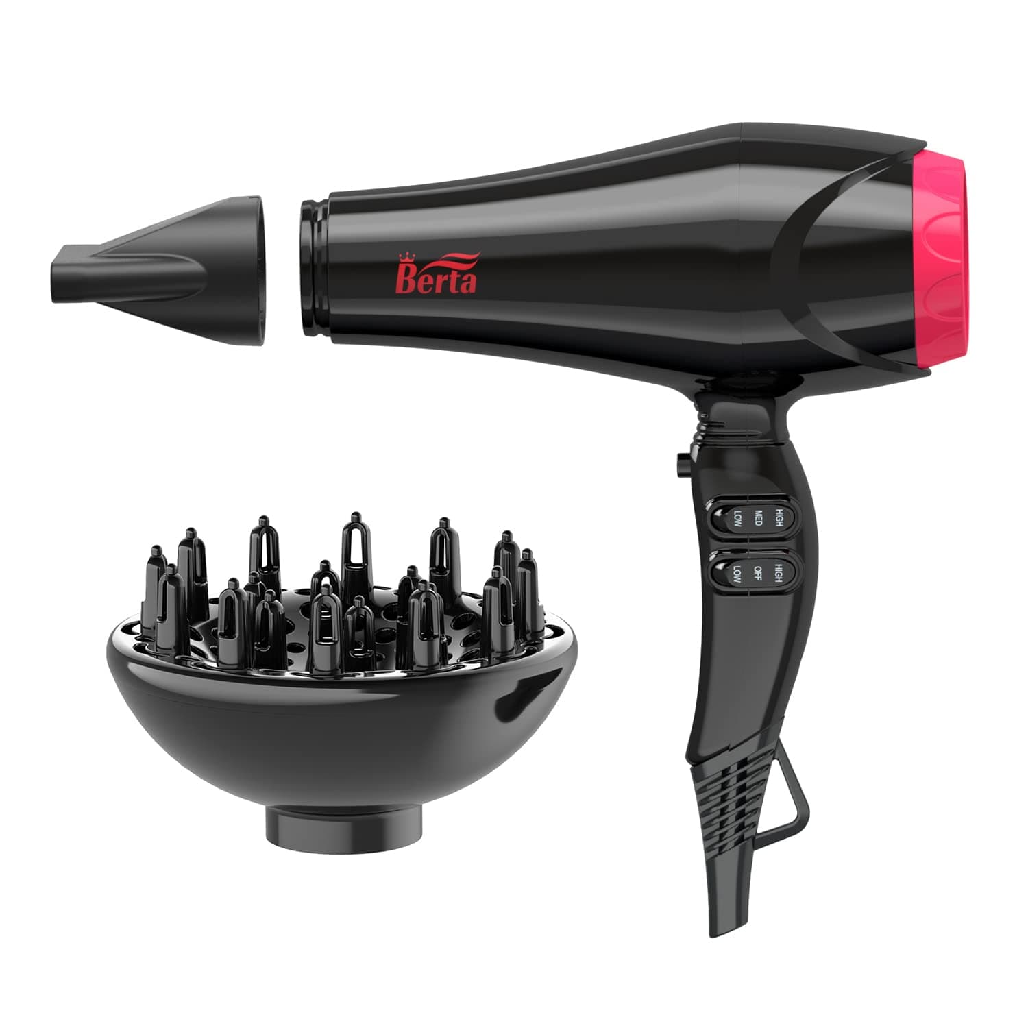 BERTA 1875W Professional Salon Hair Dryer Negative Ionic Blow Dryer, 2 Speed 3 Heat Settings Cool Button with AC Motor, Concentrator Nozzle & Diffuser
