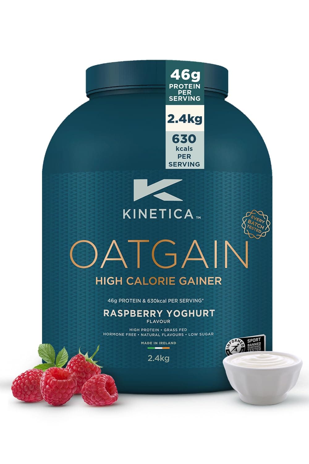 Kinetica Sports OatGain Mass Gainer–Raspberry Yoghurt, 2.4Kg, 15 Servings | 46g Protein, 78g Carbs & 620 Kcal/Serve |Optimum Bulk Weight Gain Whey Protein Supplement | WADA & Informed Sport Approved