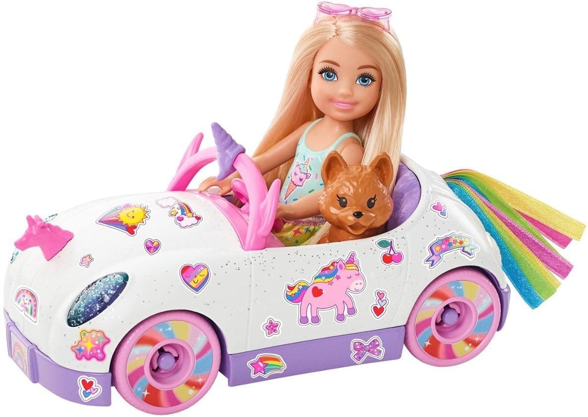 Barbie ​ Club Chelsea Doll 6 inch Blonde with Unicorn Themed Car, Pet Puppy, Sticker Sheet & Accessories, Gift for 3 to 7 Year Olds GXT41, Multi colour, 6 inches
