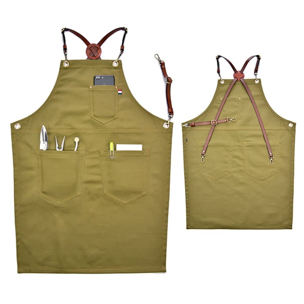 XIAKA Denim Bib Apron w/X Back Leather Straps Barista Florist Bartender Chef Aprons (Green, S)