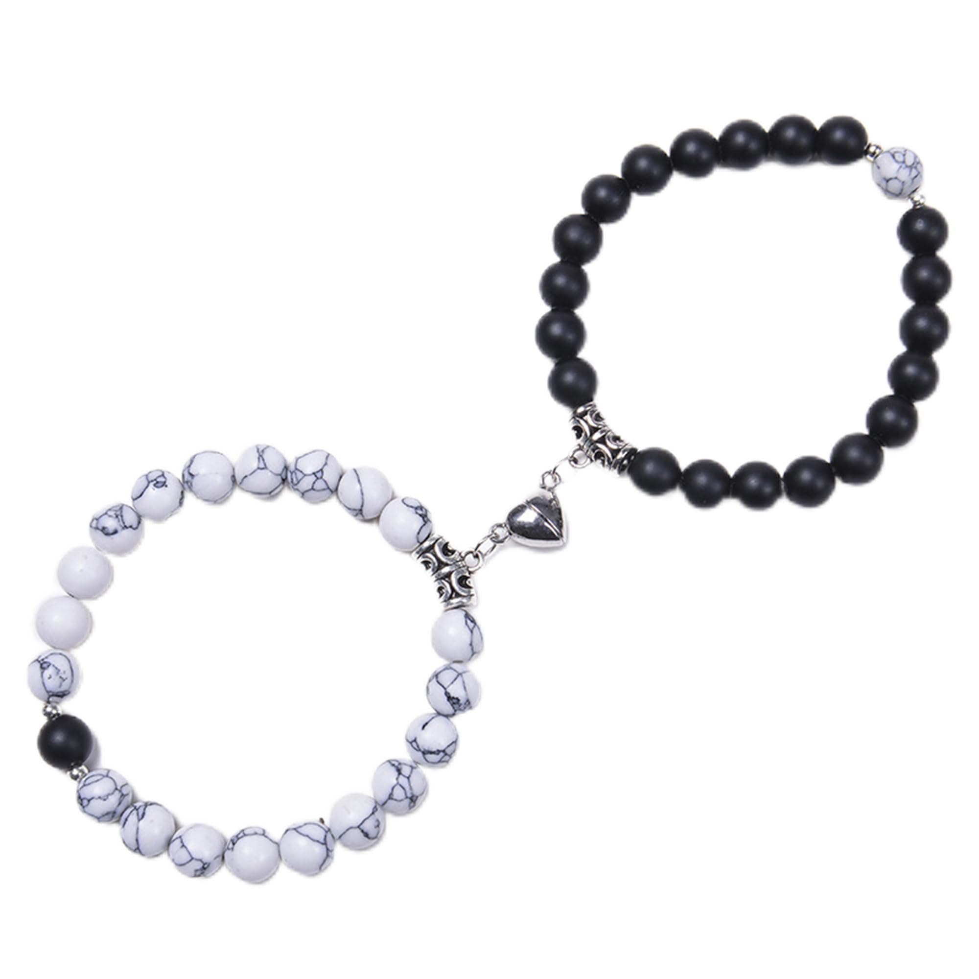 Stylish Couple Bracelets Black & White Red Natural Stone Onyx Stretchable Wrist Band Heart Magnetic Bracelet For Women Men Boys Girls Love Gifts Friendship Promise Bracelets