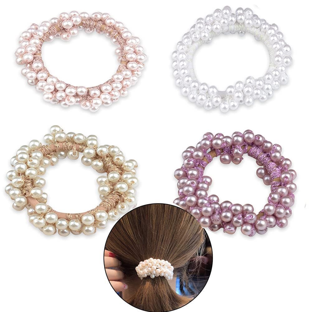 4 PCS Pearl Hair Scrunchies, Faux Pearl Elastic Hair Ropes Ponytail Holder Scrunchies, Pearl Hair Accessories in 4 Colors for Women and Girls(White, Pink, Champagne, Purple)
