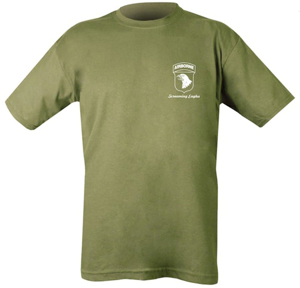 Military Suppliers Mens Army WW2 101 101st Airborne Tour Olive Green Double Print Cotton T-Shirt