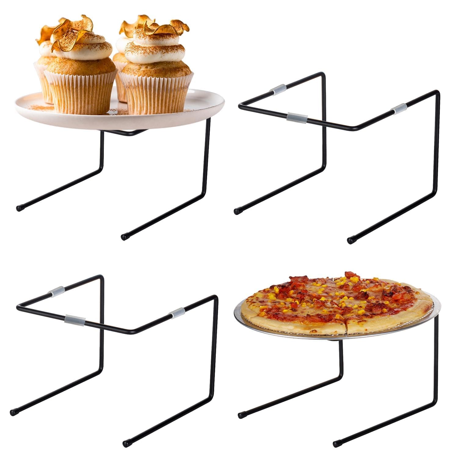 4 Pcs Black Metal Pizza Stand for Table Pizza Pan Riser Stands Pizza Rack Stand Pizza Serving Tray Pizza Holder Tabletop Food Rack Stands for Restaurant, Catering (Make in India) (Black)