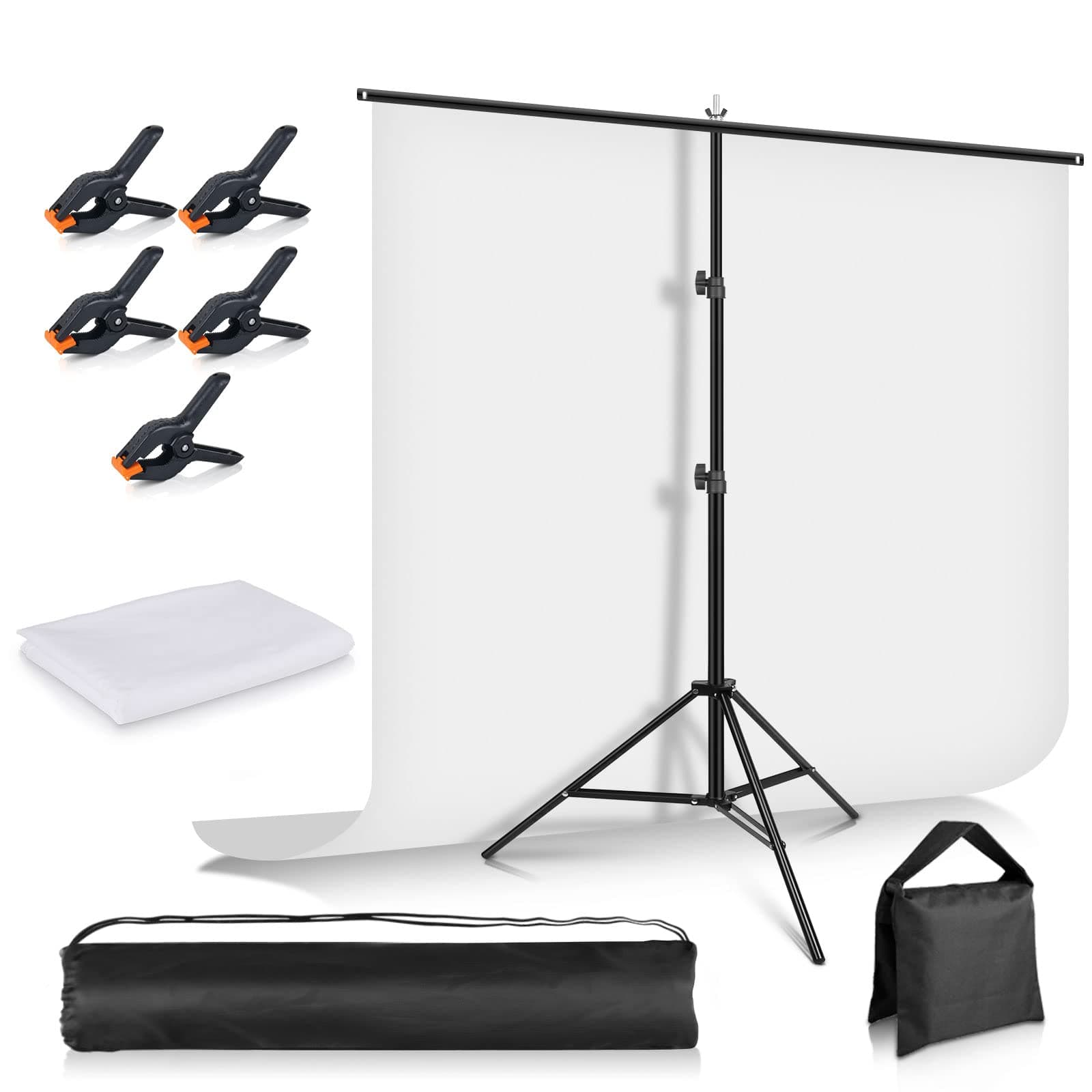 White Screen Backdrop with Stand 6.5x5ft, Foccalli Photography Backdrop Stand with Chromakey Muslin Background, 5 Clips and Sandbag for Streaming Gaming Photoshoot
