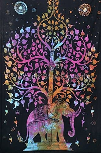 Trade Star Exports TSE Tree of Life Tapestry, Tie Dye Fabric Elephant Décor, Twin Size Boho Beach Blanket, Bohemian Dorm Room Décor, Hippie Bedspread