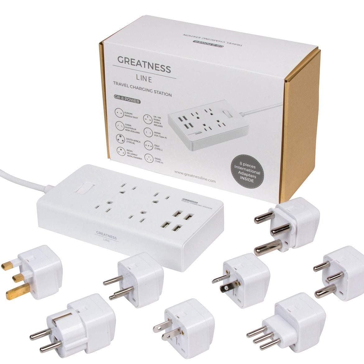 GR-8 Power Compact & Slim Travel Charging Station - International Power Adapter - Surge Protector - Power Strip with 4 Intelligent USB - Free Bonus Included