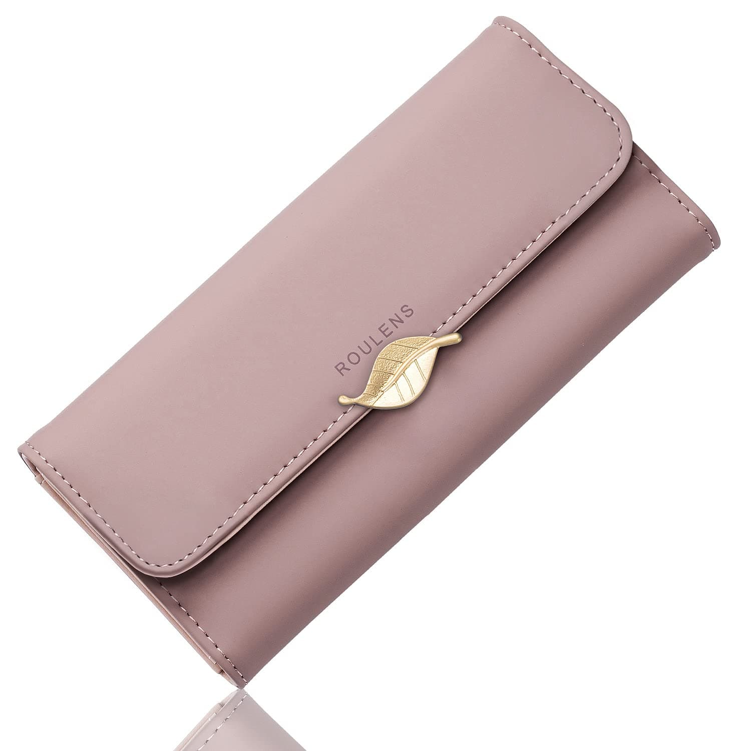 RoulensWallet for Women RFID Blocking PU Leather Leaf Pendant Card Holder Phone Checkbook Organizer Zipper Coin Purse, B/Deep Pink-l, Large