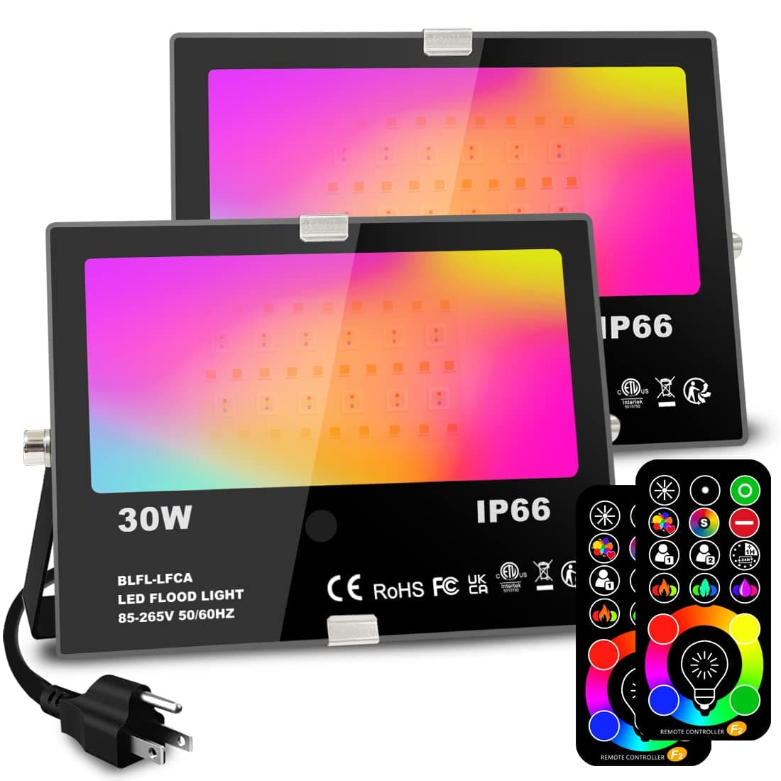 MELPO 30W Led Flood Light Outdoor 300W Equivalent, Color Changing RGB Lights with Remote, 120 RGB Colors, Warm White 2700K, Timing, Custom Mode, Uplight Landscape Lights,IP66 US 3-Plug (2 Pack)