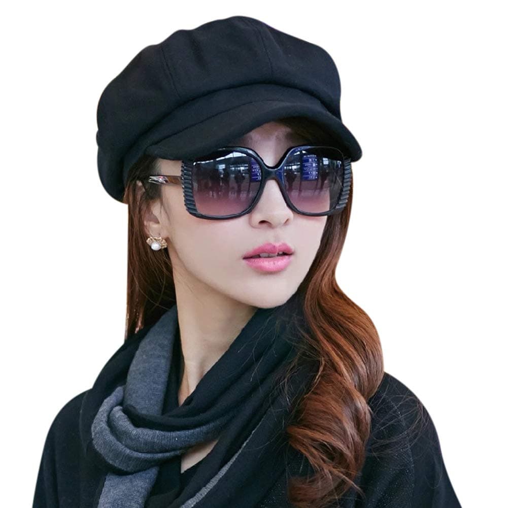 Black Baker Boy Cap Hat for Women Girl Berets French Beanies Cap Hats Warm Wool Newsboy Cap Ladies Classic Peaked Cap Flat Caps