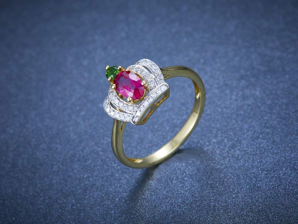 Pink Tourmaline Ring,Unique Crown Engagement ring,5x7mm oval natural stone,CZ Diamond Bridal Ring,Yellow gold plated,Sterling silver