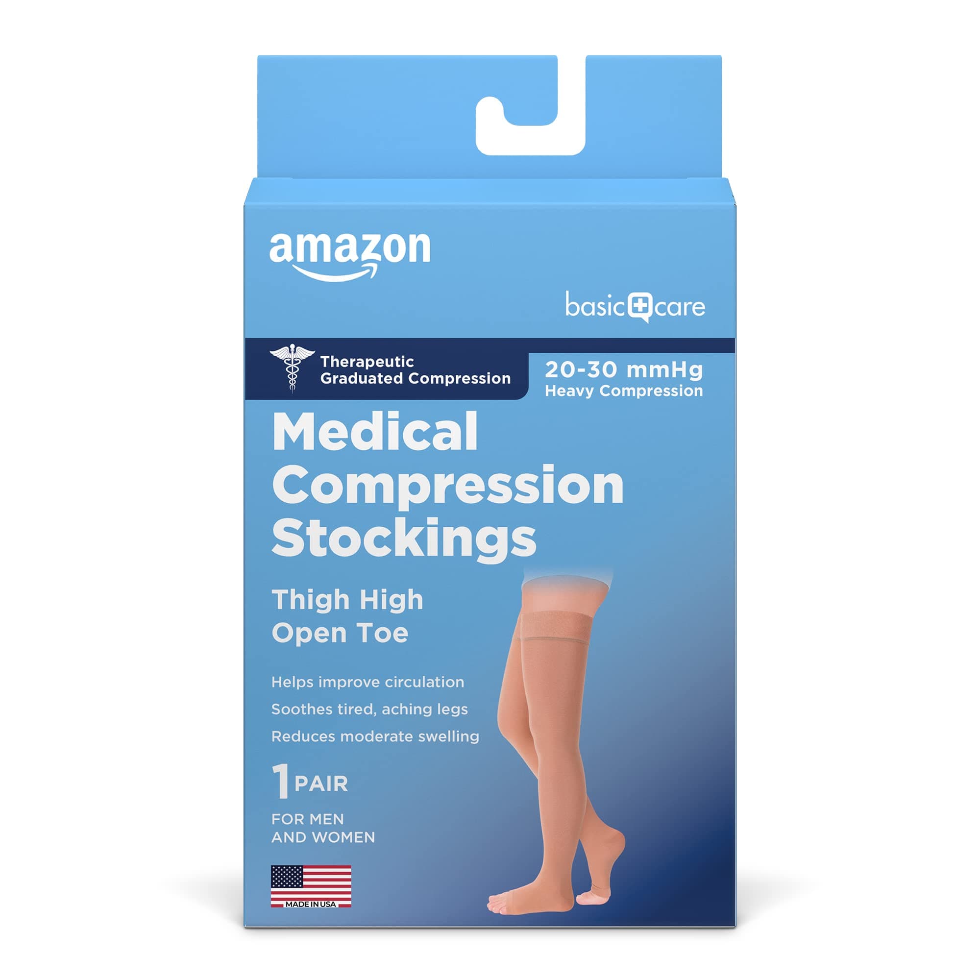 Amazon Basic Care Medical Compression Stockings, 20-30 mmHg Support, Women & Men Thigh Length Hose, Open Toe, Beige, Large (Previously NuVein)