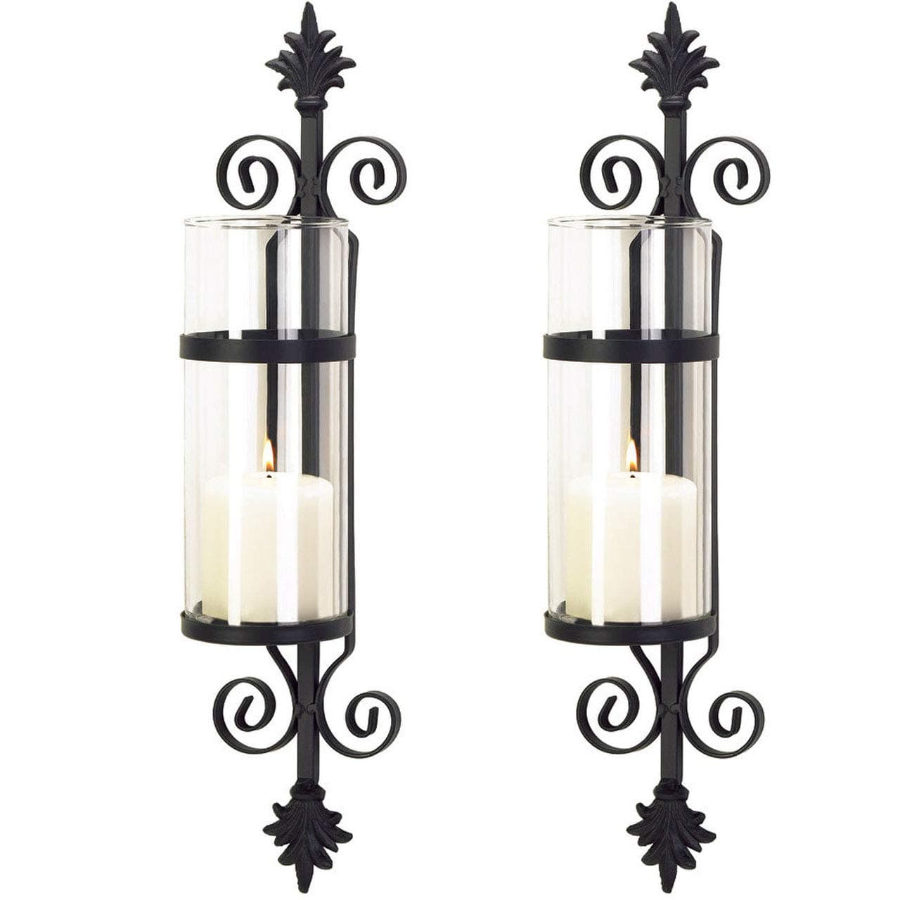 2 Black Iron French Hurricane Candle Holder Wall Sconce