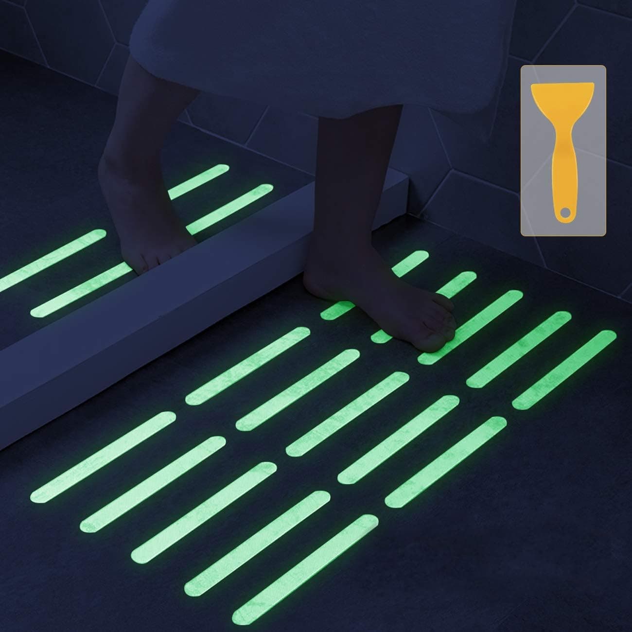 Bathtub Non Slip Stickers Luminous Shower Mats for Showers Anti Slip Bath Tub Stickers with Scraper,Adhesive Showers Treads Slip Strip for Bath,Boats,Stairs,Swimming Pools,Health Clubs-24 Pcs