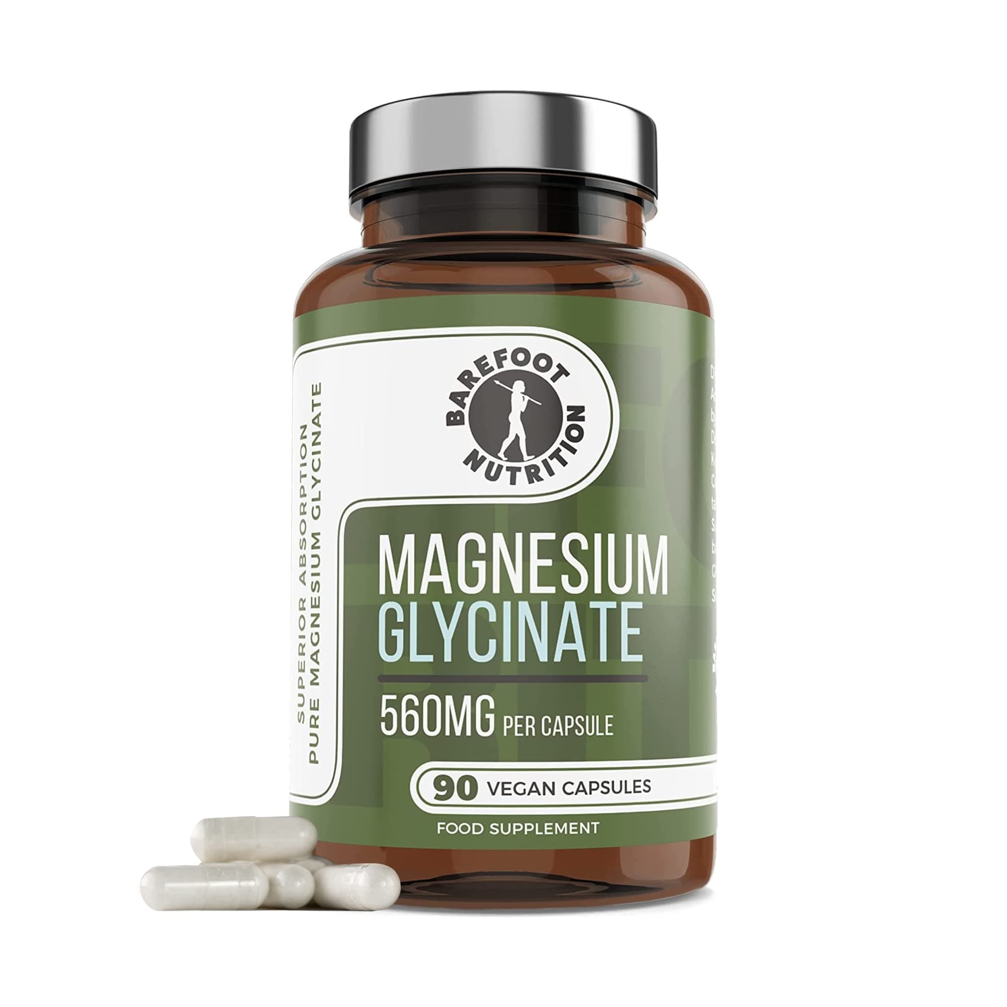Barefoot Nutrition Magnesium Glycinate Supplement 560mg - 90 x 1-to-3 a Day Capsules. Pullulan Capsule - Superior Absorption: no Synthetic Binders or additives. Vegan & Paleo Friendly