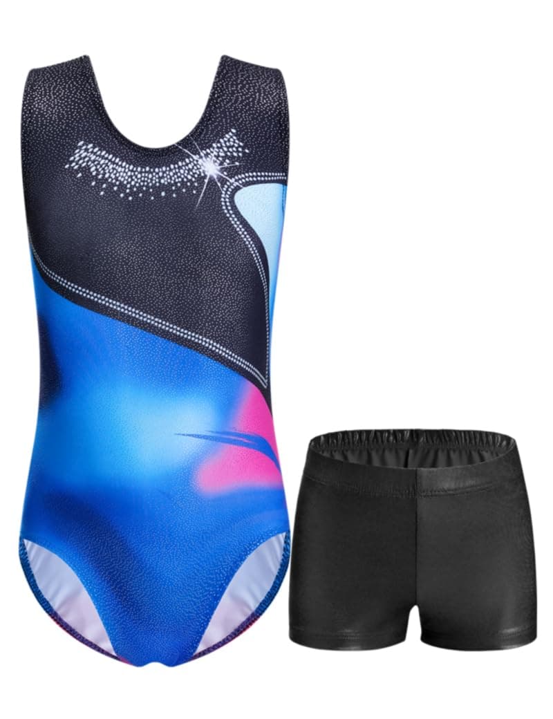 Domusgo Girls Gymnastics Leotards Set One Piece Sleeveless Tumbling Outfits with Matching Shorts Size 5-12 Years Old
