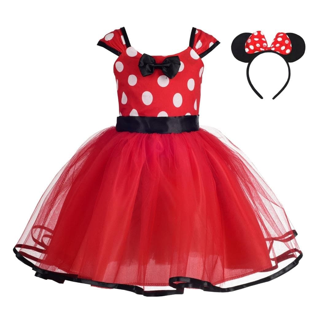 Lito Angels Minnie Costume Fancy Dress Up with Mouse Ears Bow Hair Hoop for Kids Girls, Halloween Birthday Party Mini Dots Tulle Skirt, Hot Pink/Pink/Red