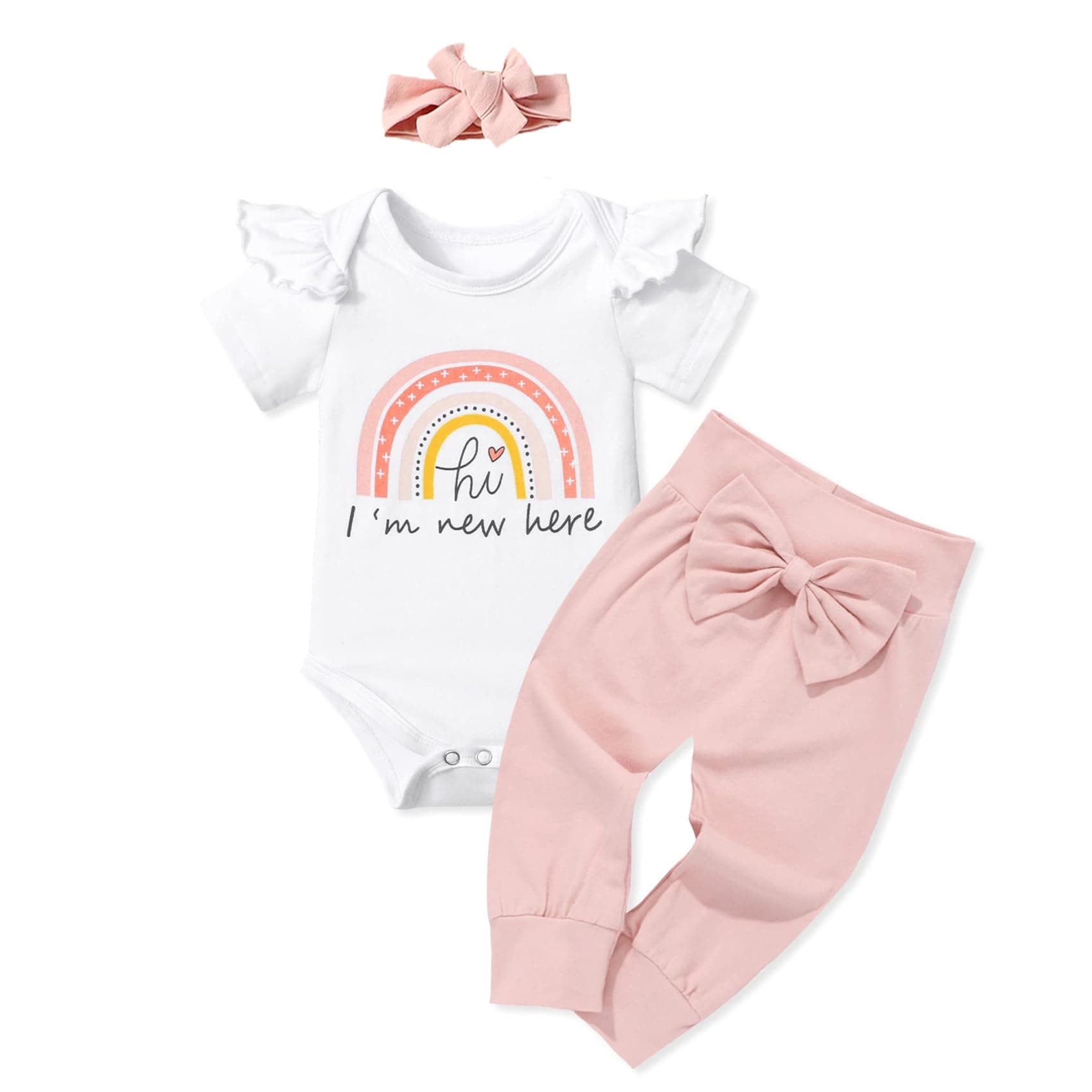 XumploNewborn Baby Girl Clothes Infant Baby Girls Outfits Toddler Short Sleeve Letter Print Top Romper Bow Pants with Headband 3Pcs Clothing Set 0-12 Months