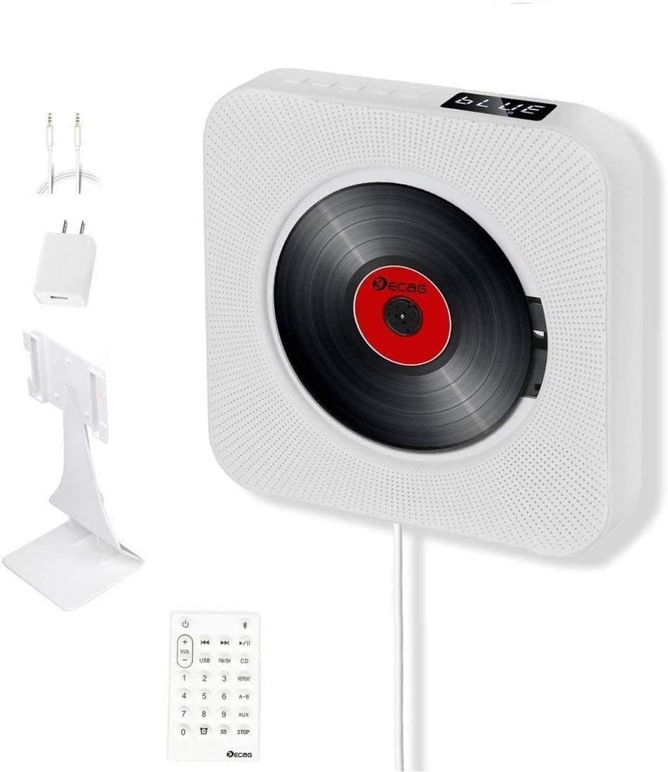 CD Player Portable Wall Mountable with Bluetooth 4.2 FM Radio USB/TF/AUX MP3 Remote Control LED Display Sleep Timer, White (Highest Upgraded)