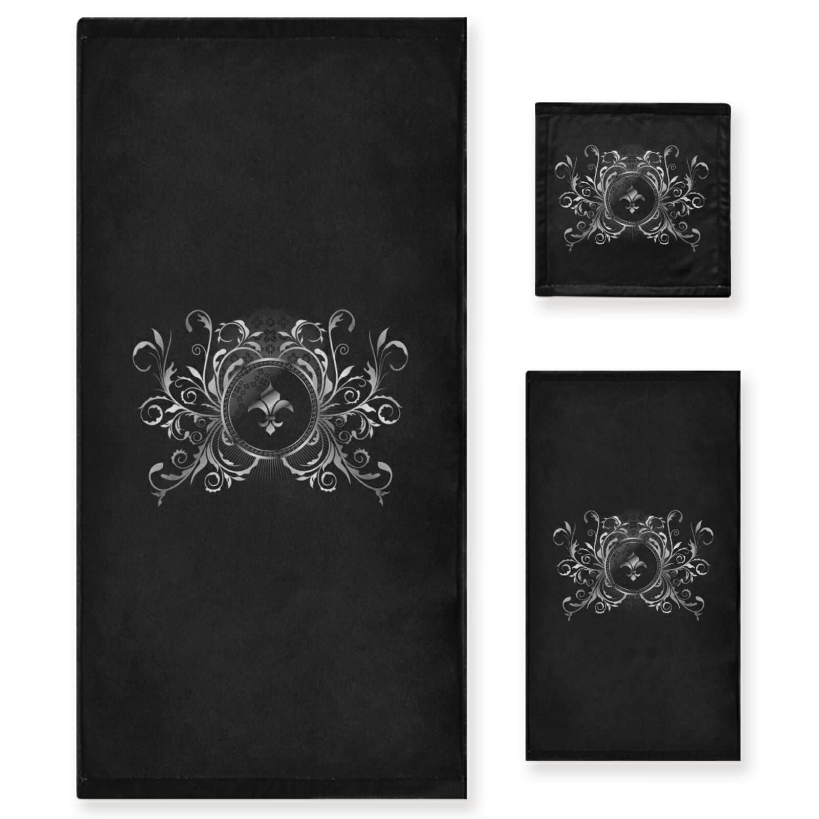 Poeticcity Black White Fleur De Lis with Floral Flowers on Black Dark Set of 3 Highly Soft Absorbent Cotton Towels, 1 Bath Towel, 1 Hand Towel, 1 Face Washcloth for Spa Bathroom Hotel Kitchen Gym