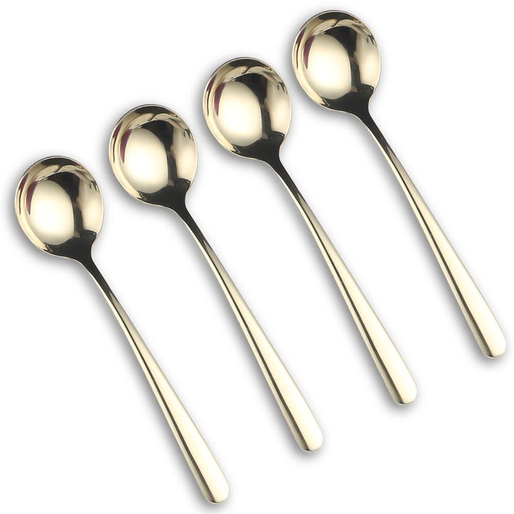 Soup Spoons 18/10 Stainless Steel, Round Spoons Titanium Plated Flatware Thicken a set of 4 Spoons (Gold)