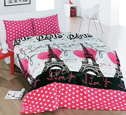 3 Pcs Paris Eiffel Tower Theme Single Twin Size Duvet Quilt Cover Set Bedding Linens Made in Turkey Pink (Twin)