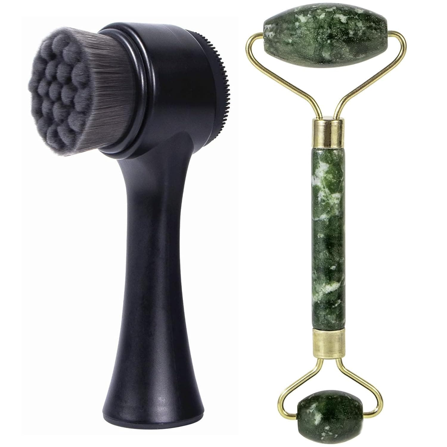 Face Brush 2 in 1, Silicone Facial Cleansing Exfoliating Brush Soft Bristles Pore Deep Cleansing, Jade Face Roller Skin Care Tools, Manual Dual Face Wash Scrub Brush Massaging Gift, BlackGreen