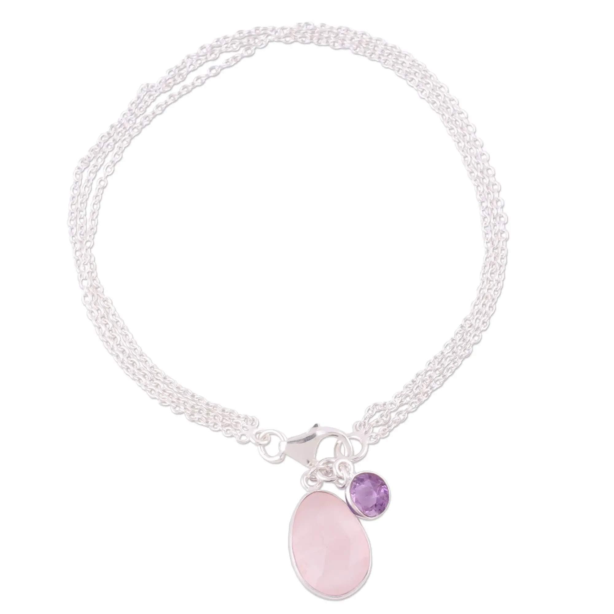 SILVER TREE 925 Pure 925 Sterling Silver Rose Quartz and Amethyst Gemstone Bracelet | Handcrafted bead bracelet with natural stones and sterling silver elements | ST904