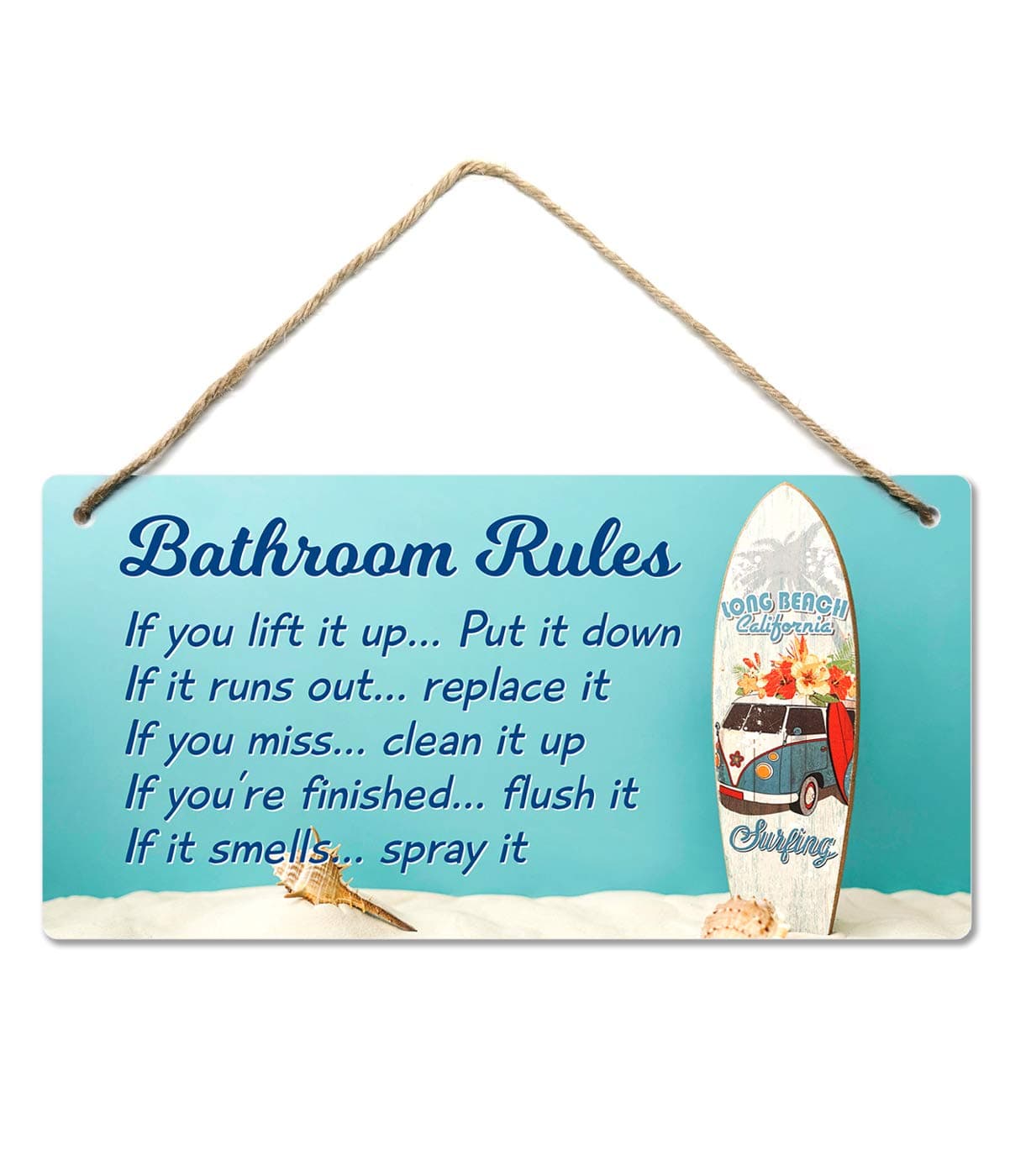 fun-plus Beach Bathroom Decor, 12″x6″ PVC Plastic Wall Decoration Hanging Sign, Water and Humidity Proof, Bathroom Rules, Seashell Bathroom Decor, Beach Bathroom Decor and Accessories, Surfboard …