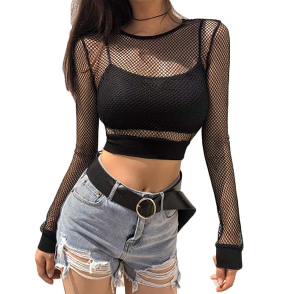 Women's Long Sleeve See-Through Sheer Mesh Crop Tops Buckle Summer Top Cover Ups (S, A - Black)
