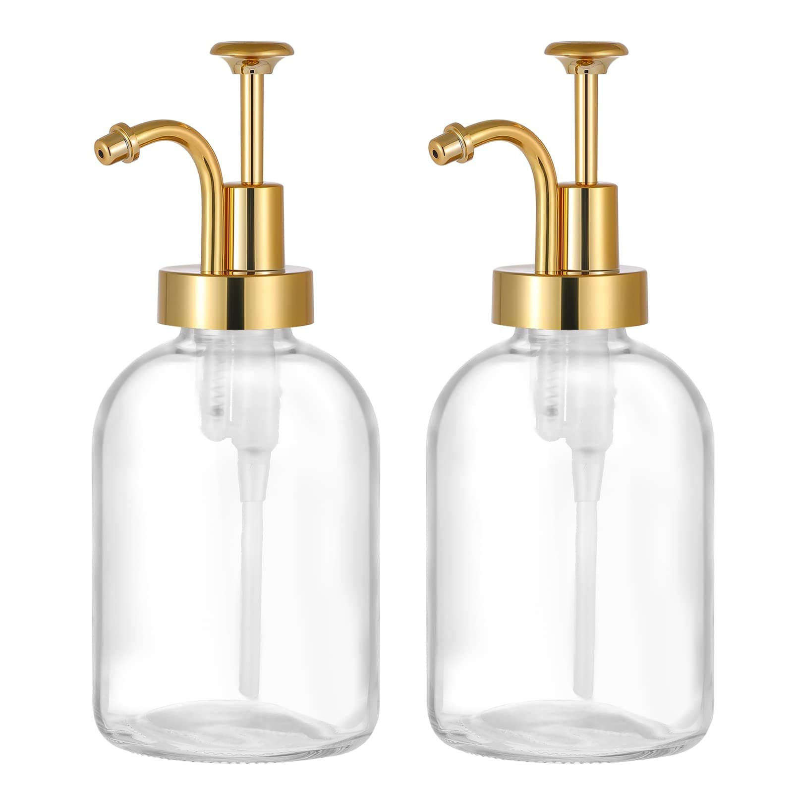 2 Pack Thick Clear Glass Jar Soap Dispenser with Gold Pump, 17oz Clear Boston Round Bottles Dispenser, Dish Soap Dispenser Set