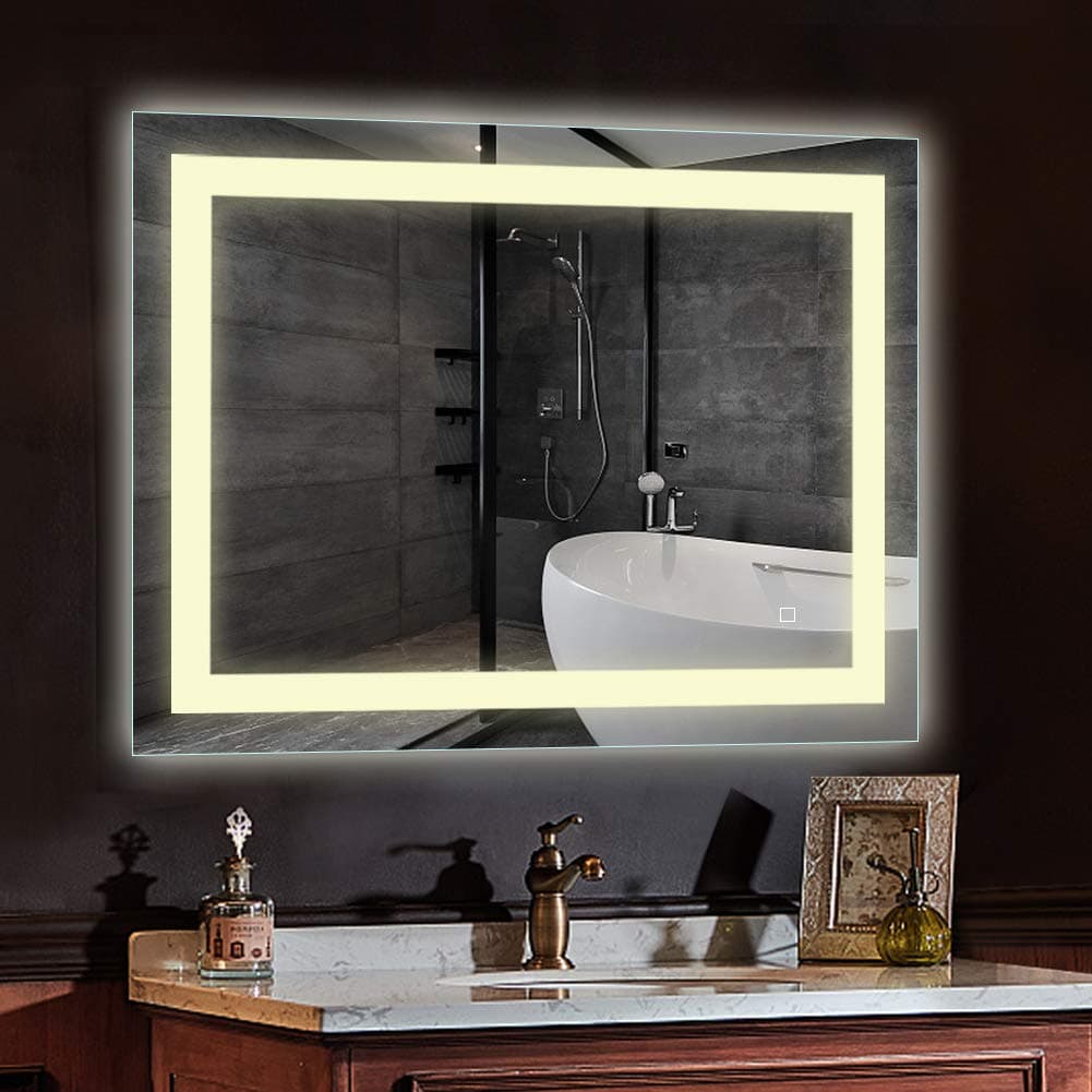 HAUSCHEN HOME Lighted Vanity Mirror 32 x 40 inch , Wall Mounted Mirror + Defogger & Dimmable Touch Switch + Polished Eadge &Frameless +3000K Warm Light + CRI>95 + Vertical&Horizontal Led Mirror