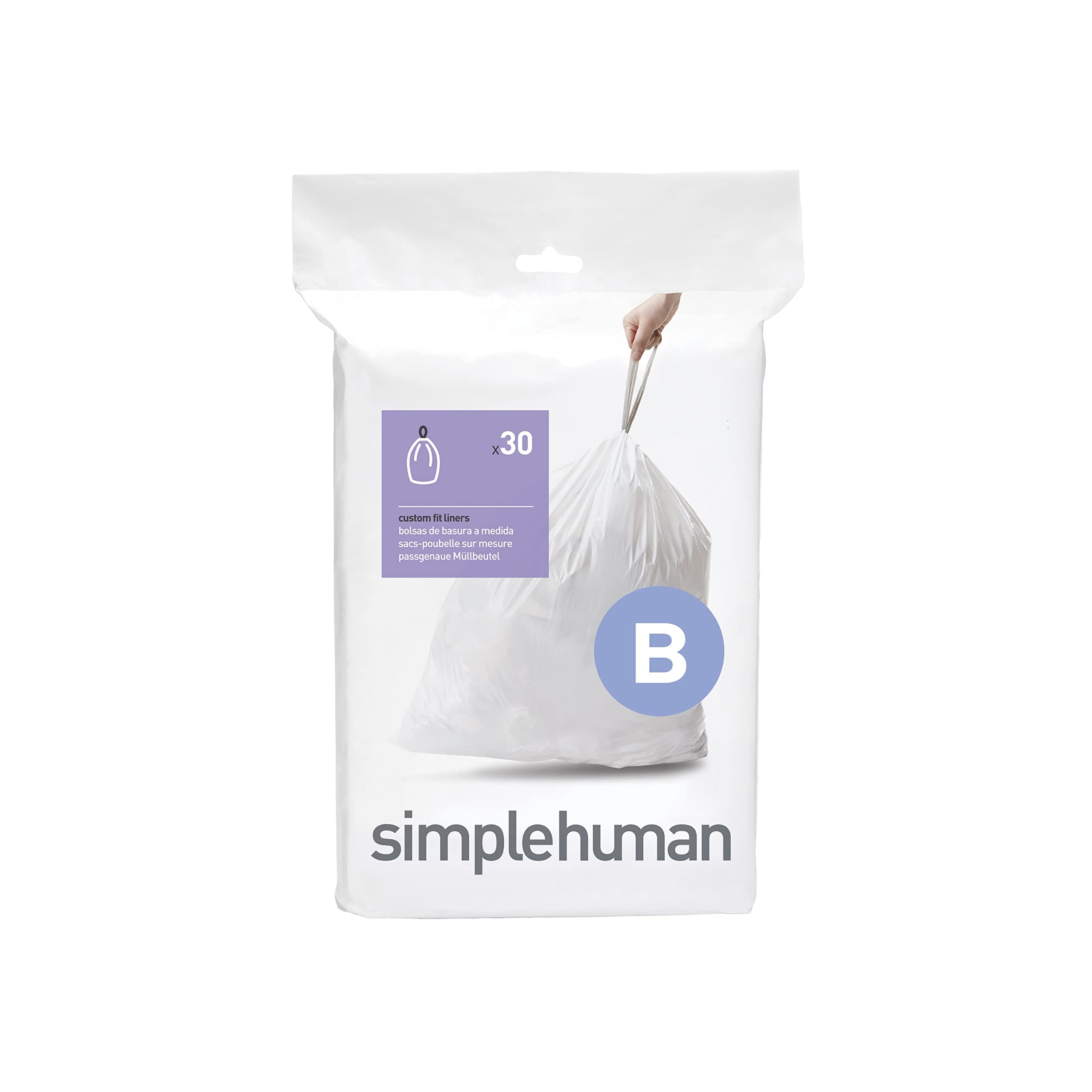 simplehuman Code B Custom Fit Drawstring Trash Bags, 6 Liter / 1.6 Gallon, 30 Liners, White