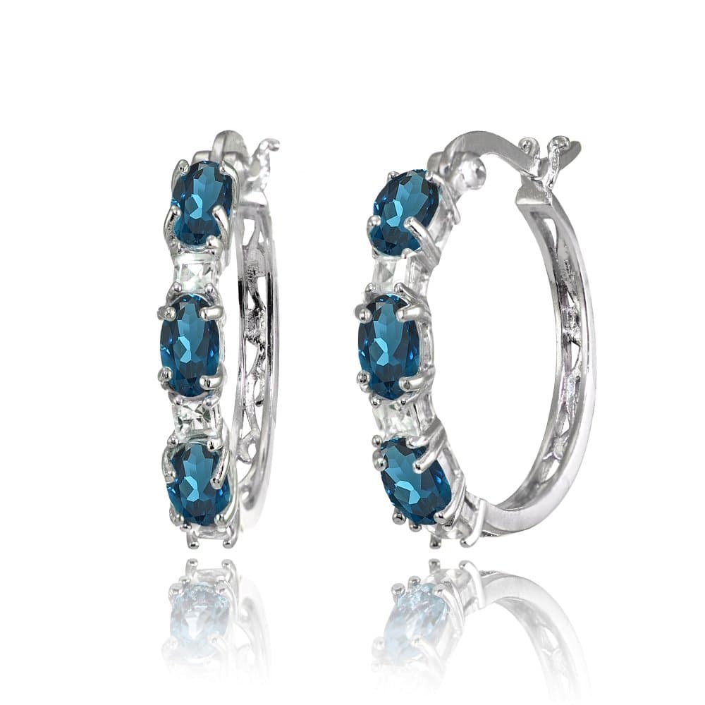 Sterling Silver Hoop Earrings, Birthstone Earrings, Oval and Princess Genuine or Synthetic Gemstone Earrings, Earrings for Women, Fashion Earrings, Trendy Earrings, Hoops Earrings for Women