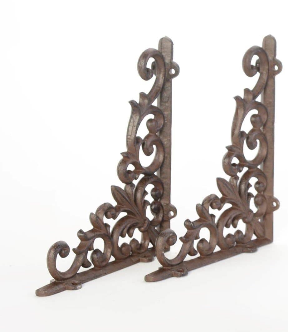 Cast Iron Shelf Brackets Braces Set of 2 9 x 7.5 Inch Fleur-de-lis Rustic Antique Style