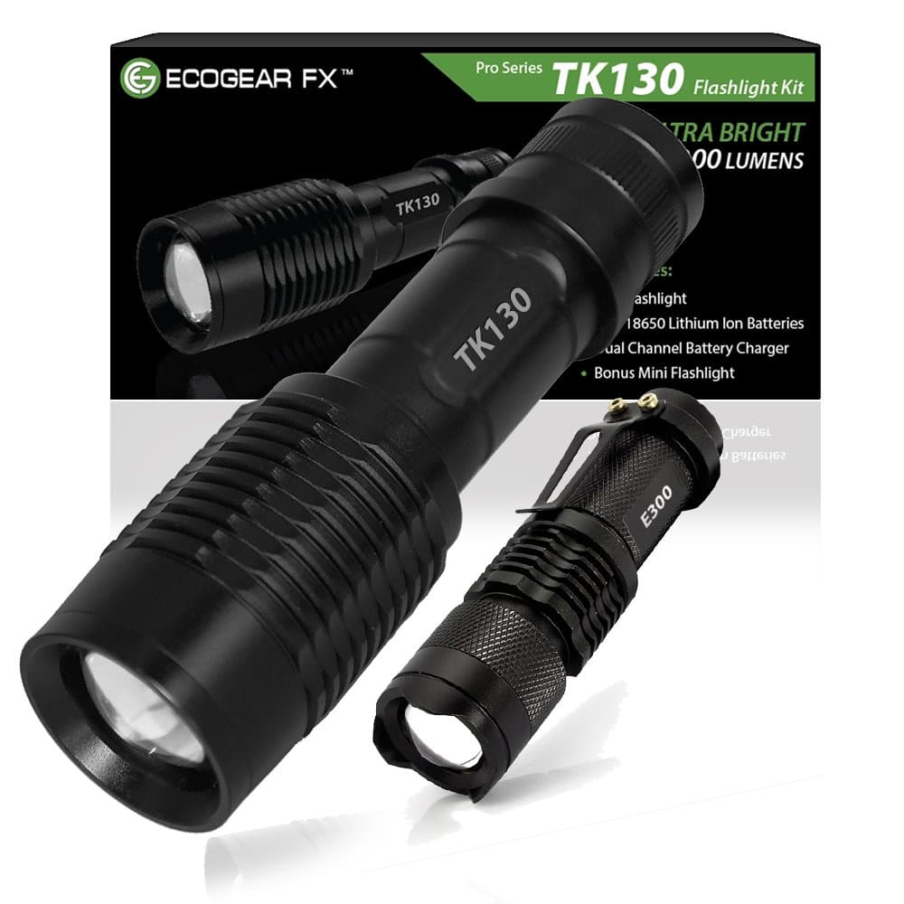 Emergency LED Flashlight Kit - EcoGear FX TK130 Kit - 5 Light Modes, High Lumen Output, Adjustable Zoom Focus - Water Resistant with Rechargeable Batteries and Charger - Perfect Gift for Men