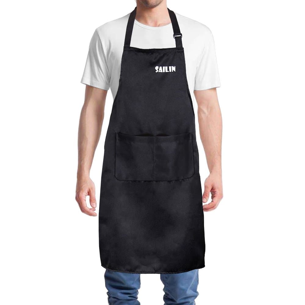 SAILIN Adjustable & Waterproof Bib Apron (Black, 33 x 27 inches) with 2 Pockets, Extra-long Ties, Cooking Kitchen and Home Aprons for Women Men Chef.
