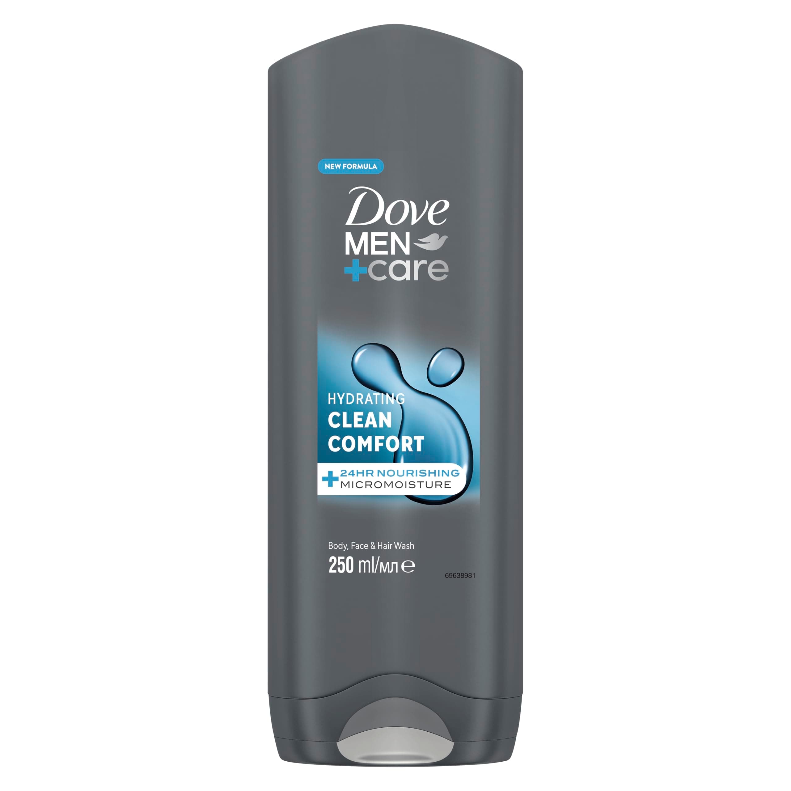 Men+Care Hydrating Clean Comfort Men's 3-in-1 Hair, Face and Body Wash Body Cleanser Shower Gel with 24 hour nourishing MicroMoisture technology for relaxed and re-energised skin 250 ml