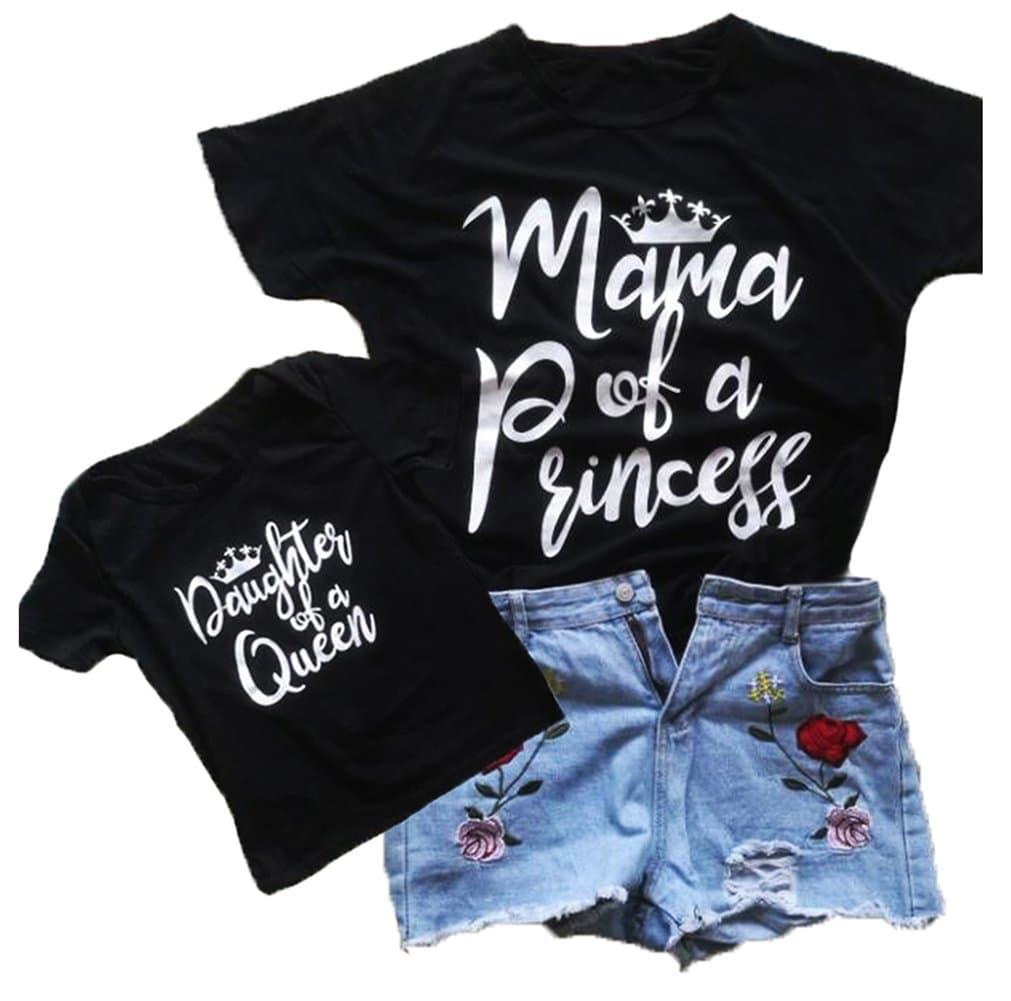 Exquise fille Mom and Daughter Matching Outfits Short Sleeves Letters Print Mommy and Me Shirts Clothes(Daughter of a Queen,S)