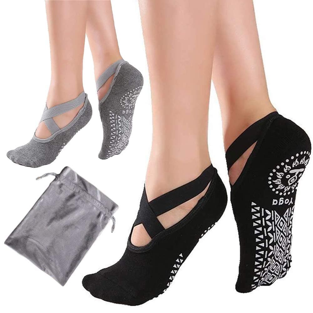 Yoga Socks for Women Non-Slip Grips & Straps with Carrying Pouch