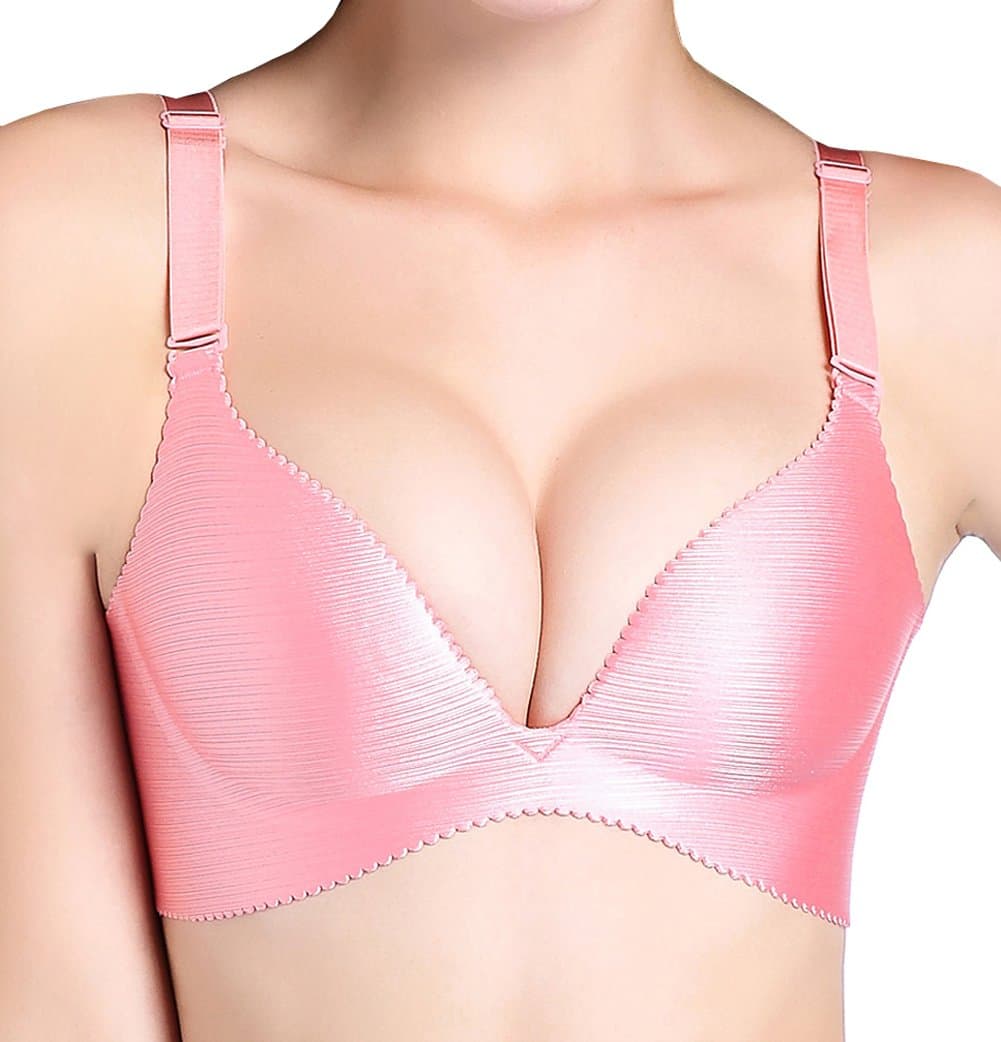 AooToo Womens Wireless Push Up Bras Seamless Comfort Deep-V Sexy Padded(Pink, 32B)