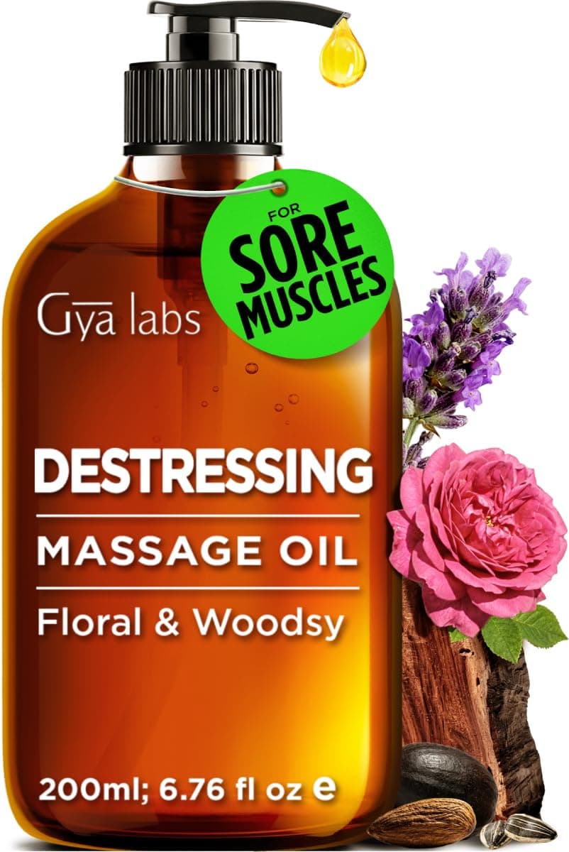 Destressing Massage Oil for Couples - Sore Muscle Oil Body Oil Massage Oils for Massage Therapy & Skin - Crafted with Lavender, Rose Otto, Rosewood, Myrrh, Jojoba & Argan Oils (200ml)
