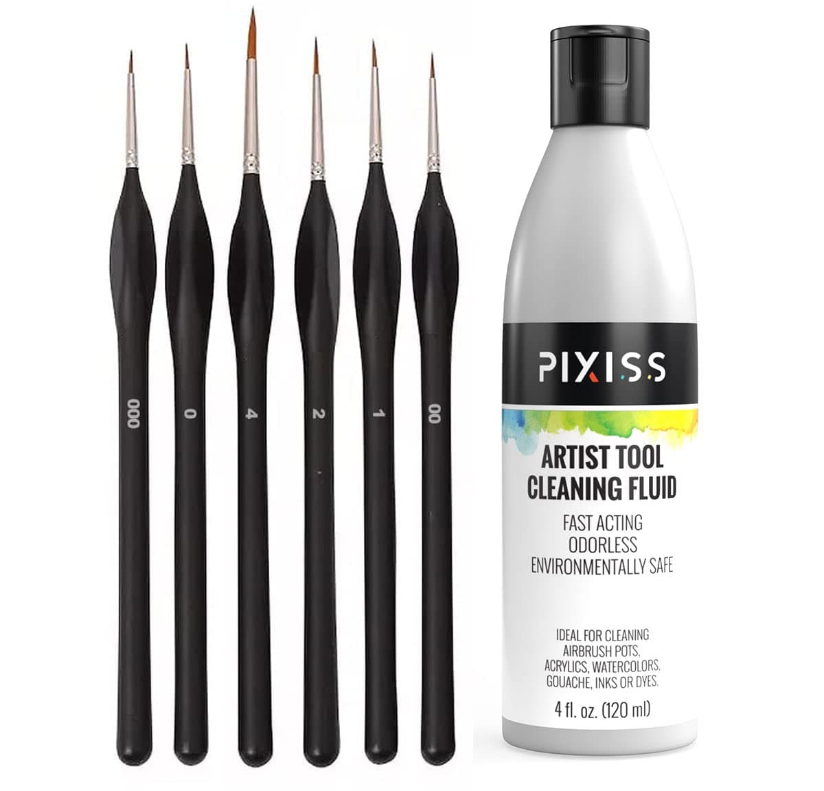 Pixiss Paint Brush Cleaner and Restorer, 4 Ounce Bottle - Small Paint Miniature Brushes Fine Tip 6pc Paintbrushes Set for Model Craft Warhammer Airplane Kits Micro Detail Hobby Painting
