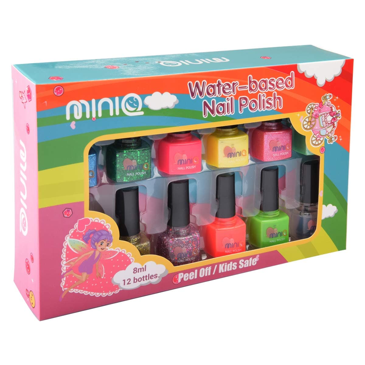 miniQ Non Toxic Kids Nail Polish – 12 Bottles Little Girls Natural Water Based Fingernail Polish Gift Set for DIY Manicure Makeup Kit,Chemical Free,Child Safe,Peel Off,Quick Dry
