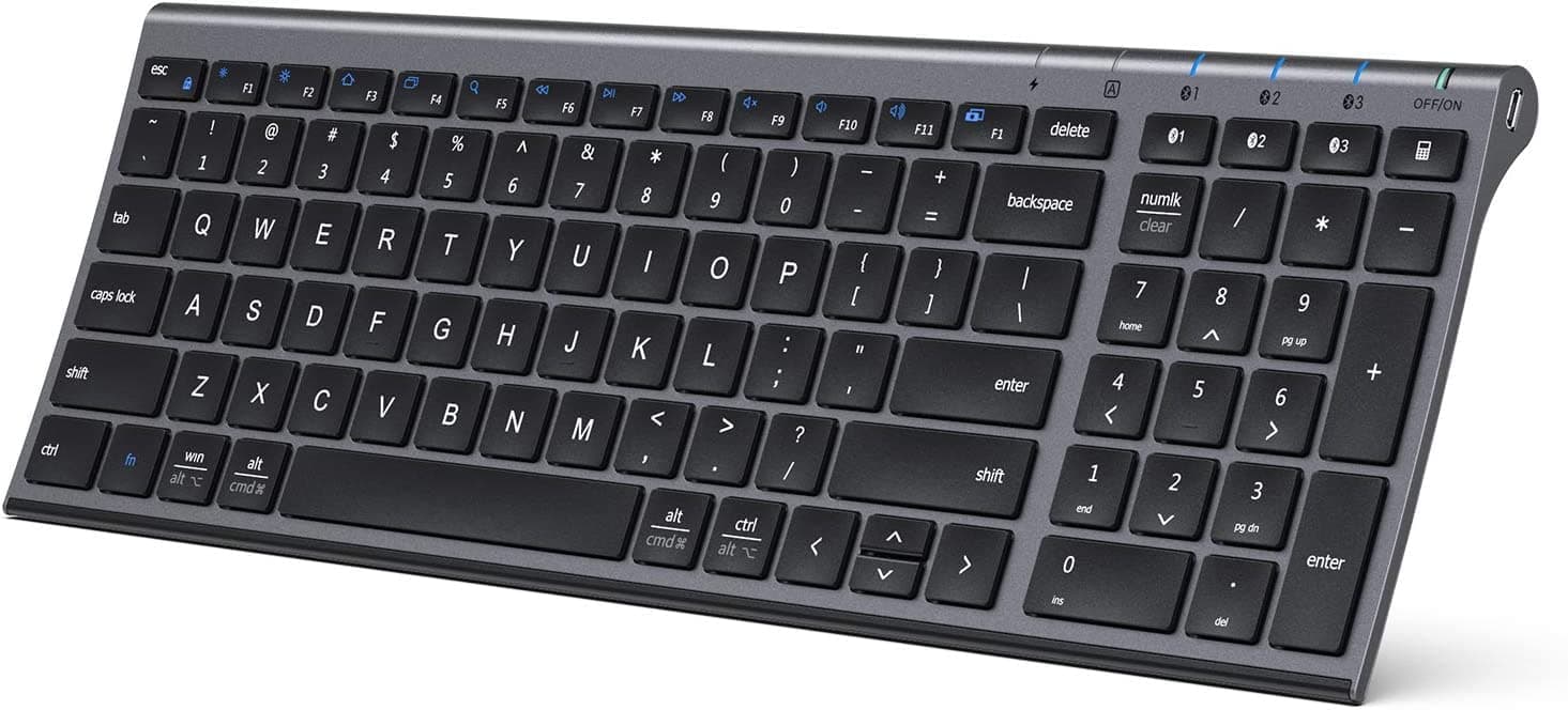 iClever BK10 Multi-Device Bluetooth Keyboard for Mac, Windows, Chrome OS, Android, iPad, iPhone, Rechargeable Wireless Keyboard Easy-Switch up to 3 Devices Grey Black