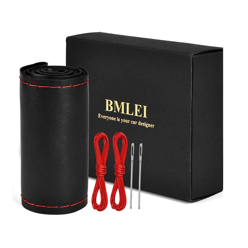 Steering Wheel Cover with Top Layer Genuine Leather and Anti-Slip Design, Soft Padding, Breathable, Universal 15 Inch Stitch on Wrap