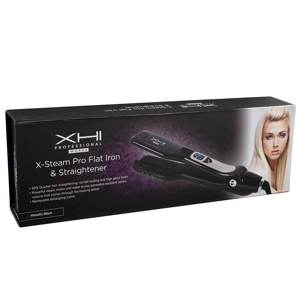 X-Steam Pro Flat Iron & Straightener, Metallic Black, Ceramic Flat Iron Hair Styler with Removable Teeth Comb, Digital LED Display and 5 Heat Settings