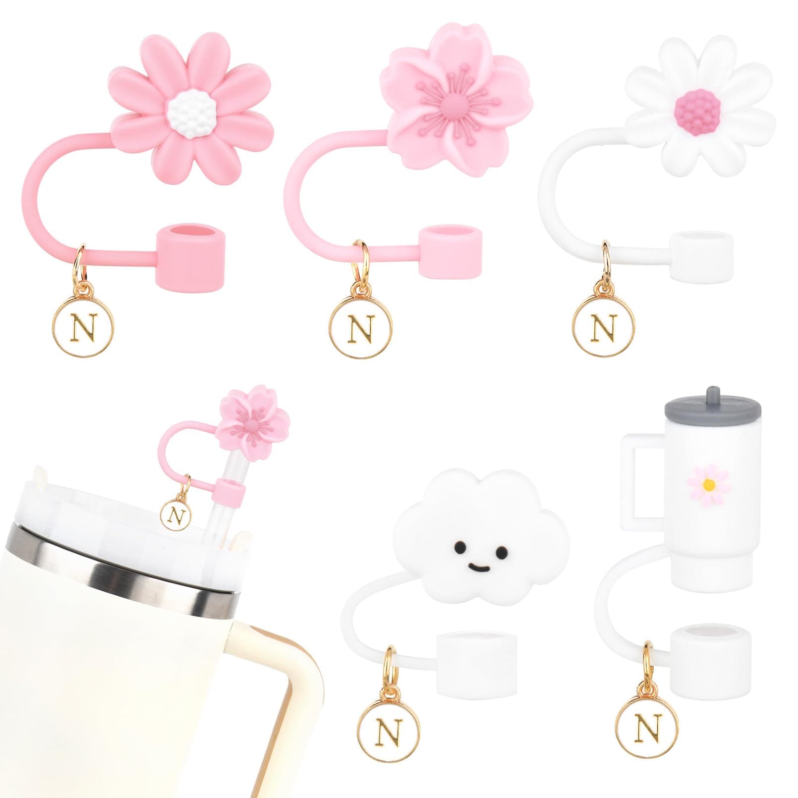 5PCS Flower Cloud Shape Straw Cover with Letter Charms Personalized Initial Straw Toppers Cap Fits for Stanley Cup 30&40 Oz Drink Cup Simple Modern Stanley Cup Accessories Gift -N